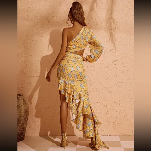 Mew Mews Yellow Floral Ruffled dress size L fits M Bronx and Banco inspired. - Picture 12 of 14